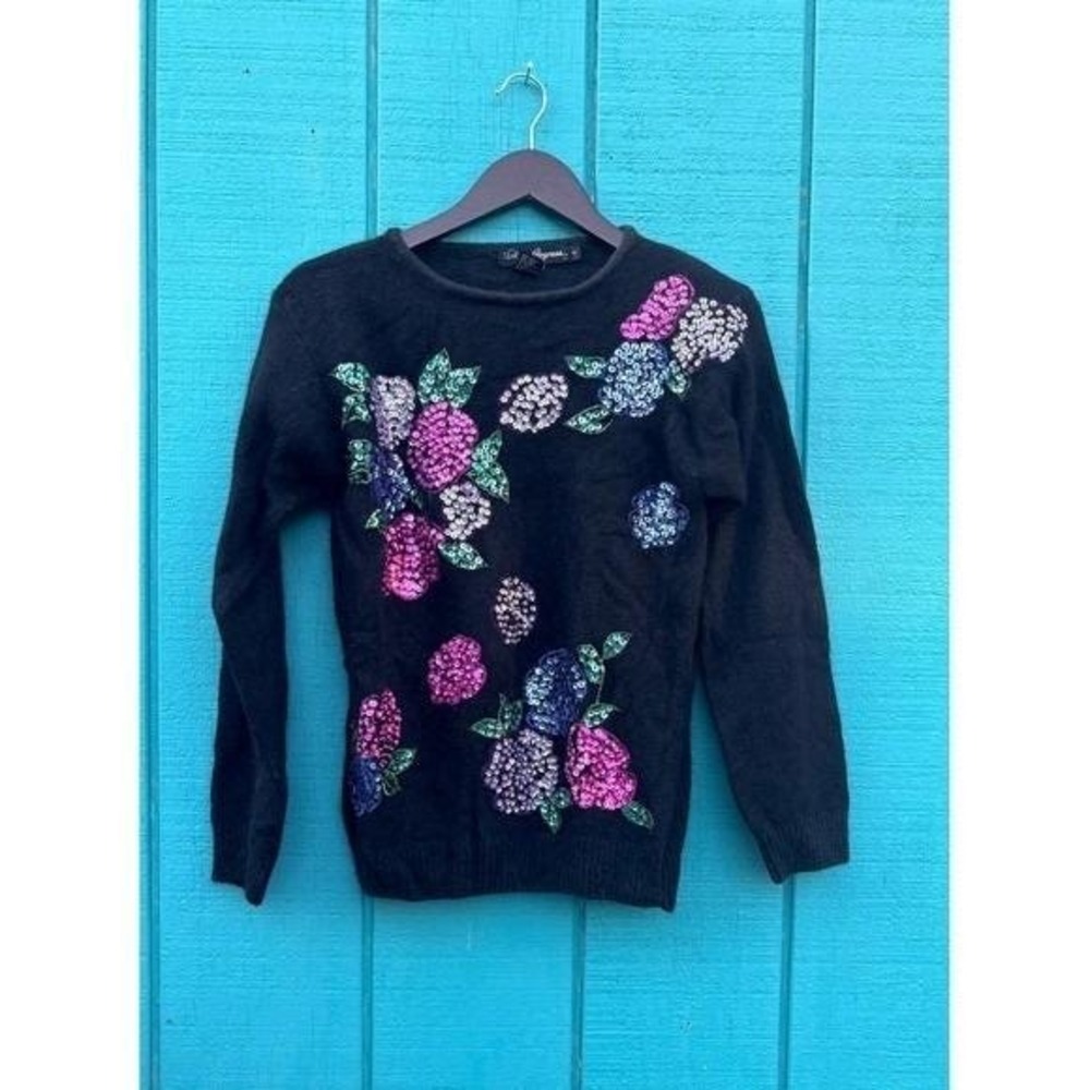 Work in Progress Black‎ Sequin Floral Embellished Sweater Artsy Silk Angora Wool